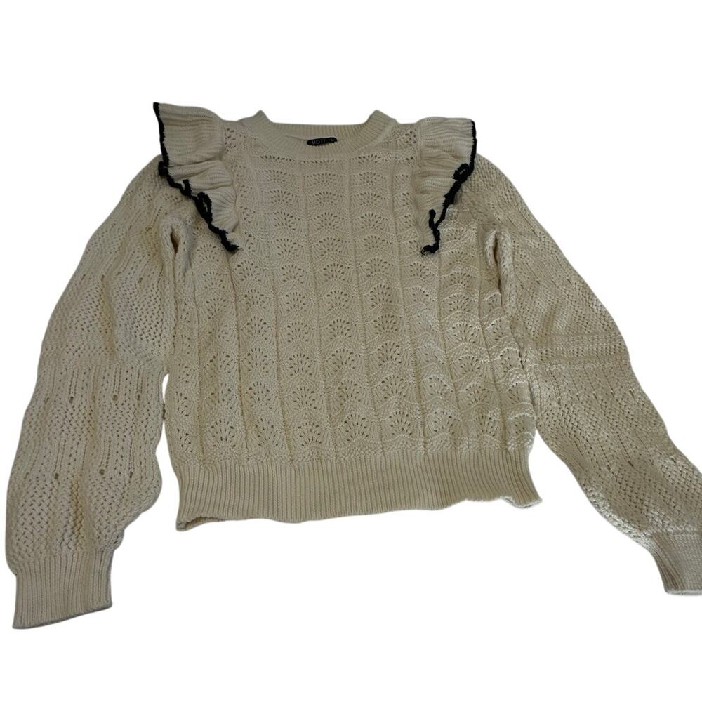 MOTF L Cream Chunky Knit Feminine Sweater Ruffle Trim